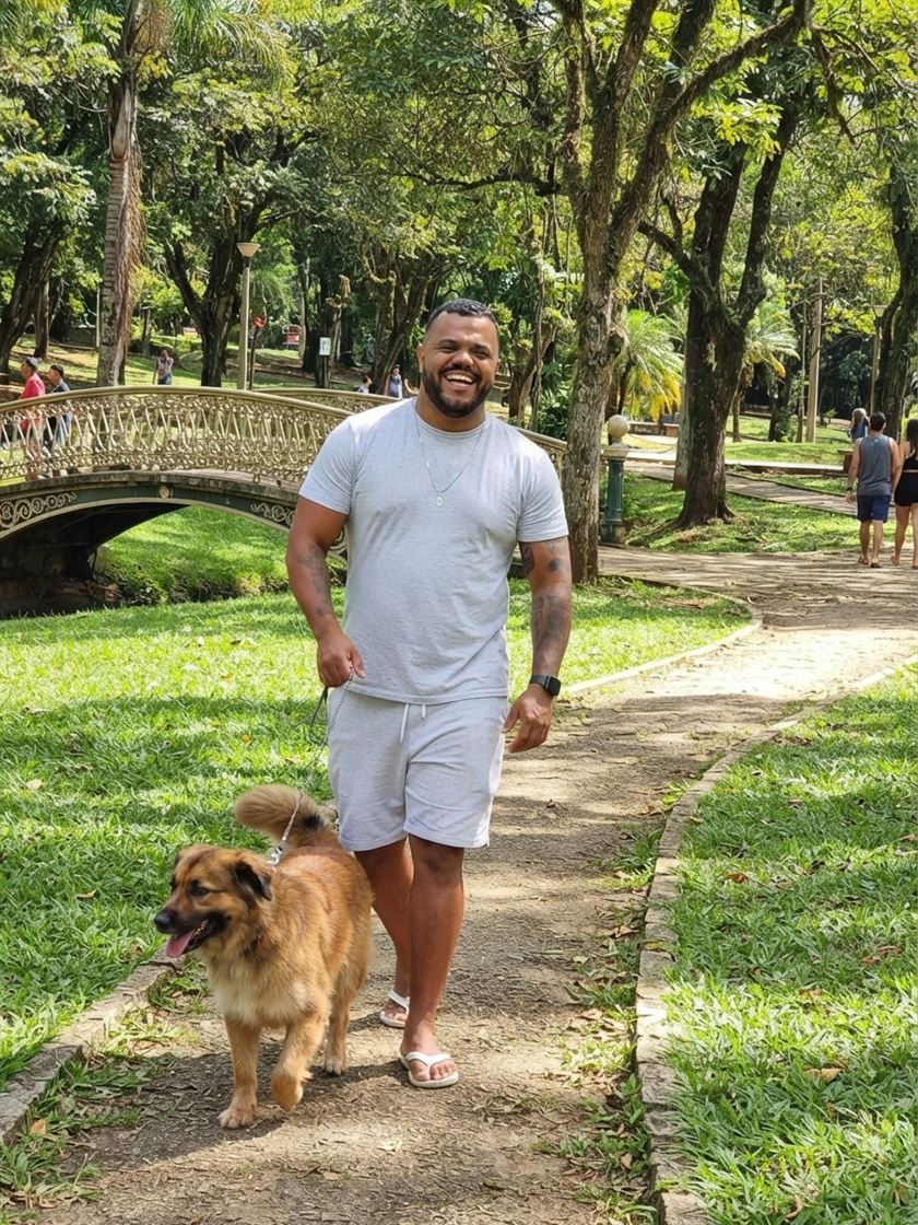 Beto passeando com um cachorro em um parque de Blumenau